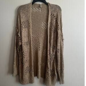 Boho Open Knit Cardigan Beige Lightweight Sweater Size L Coastal Festival